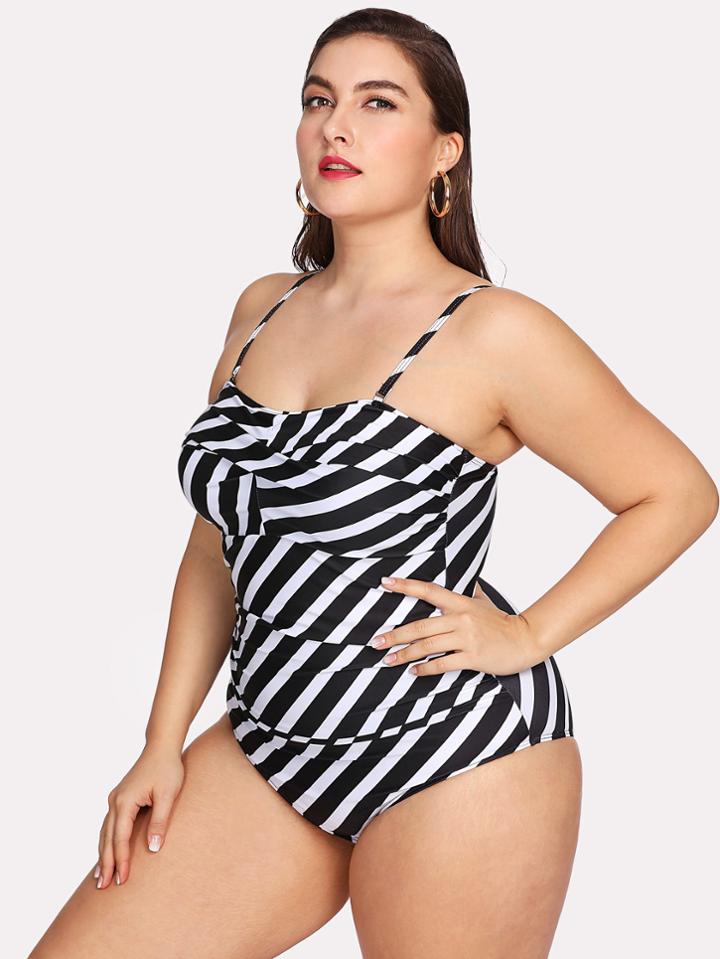 Romwe Cross Front Striped Swimsuit