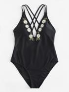 Romwe Embroidered Flower Cross Back Swimsuit