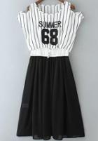Romwe Off The Shoulder Vertical Striped Letter Print Chiffon Pleated Dress