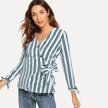 Romwe Striped Knot Wrap Blouse