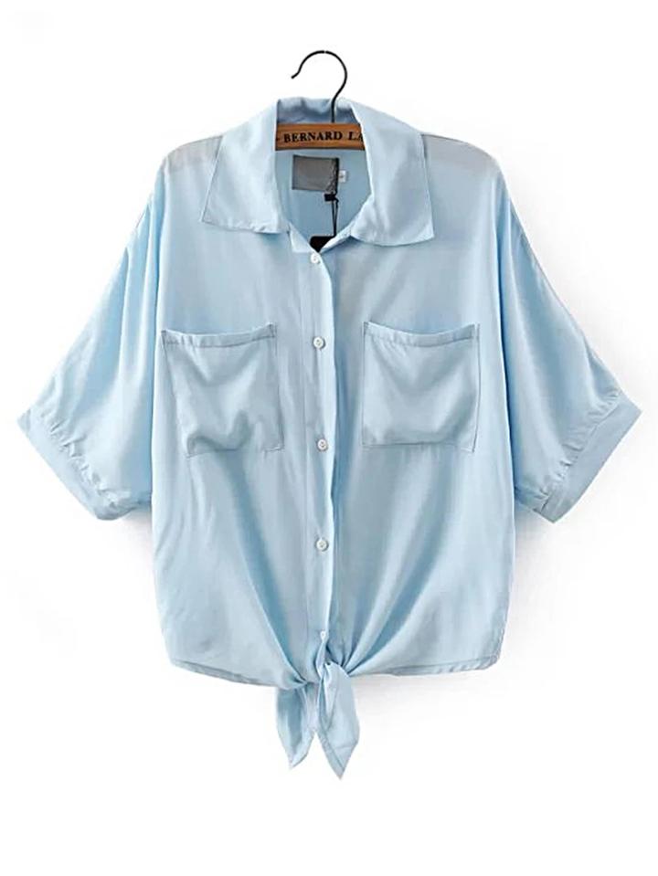 Romwe Knot Front Blouse With Pockets
