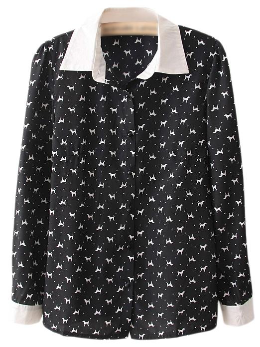 Romwe Black Long Sleeve Contrast Lapel Dogs Printed Blouse