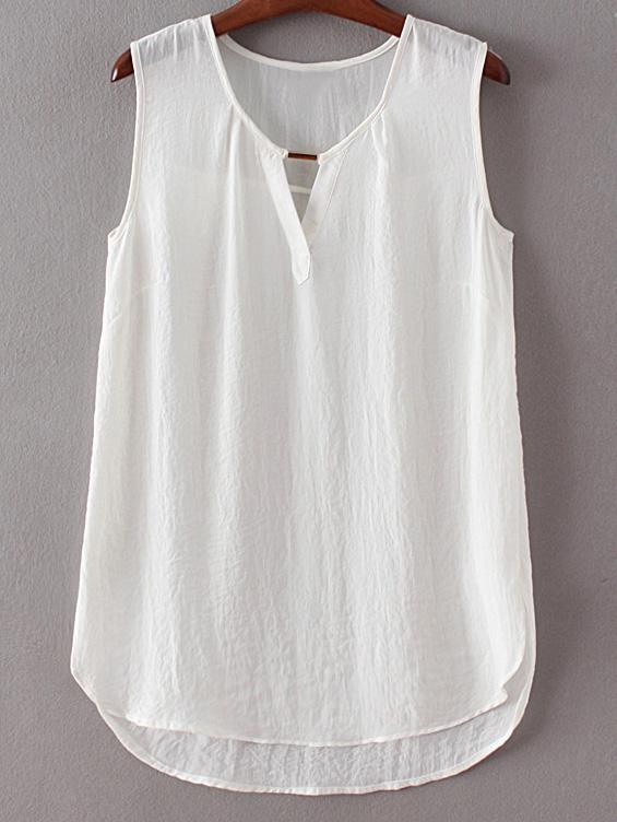 Romwe White Sleeveless Keyhole Front Chiffon Blouse