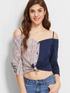 Romwe Contrast Striped Cold Shoulder Knot Front Blouse