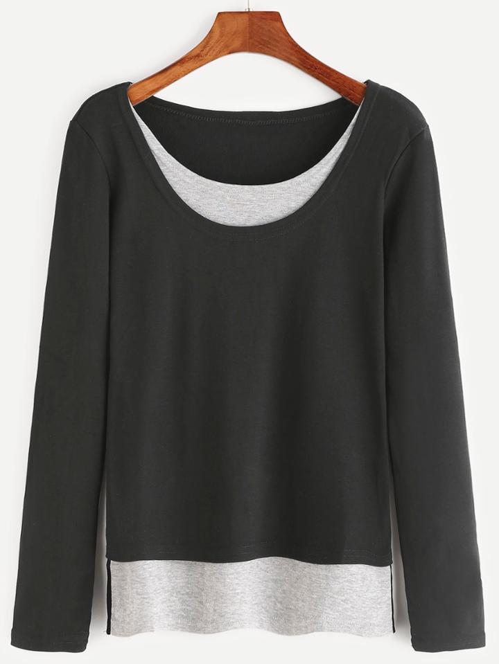 Romwe Black Round Neck Contrast Hem T-shirt