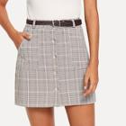 Romwe Button Detail Plaid Skirt With Belt