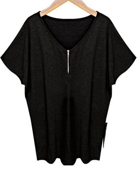 Romwe V Neck Batwing Zipper Black T-shirt