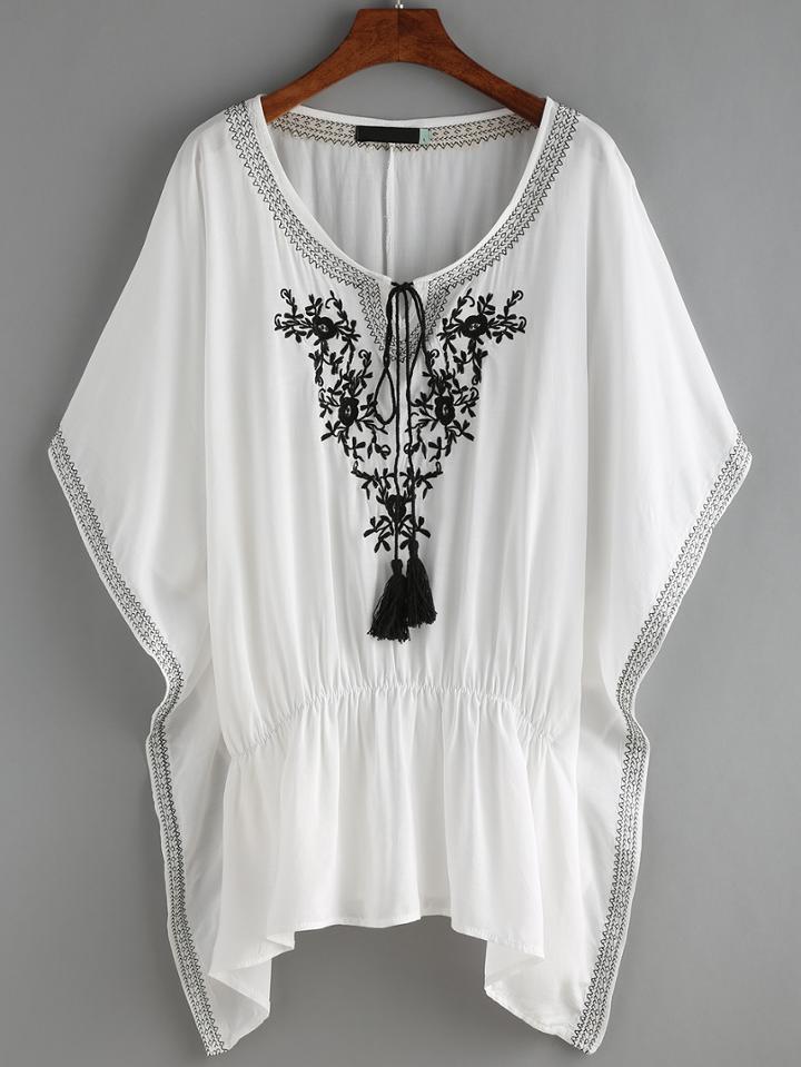 Romwe Embroidery Taselled Neck Bat Sleeve Blouse