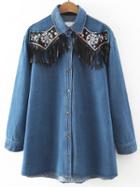 Romwe Blue Embroidery Fringe Detail Denim Blouse