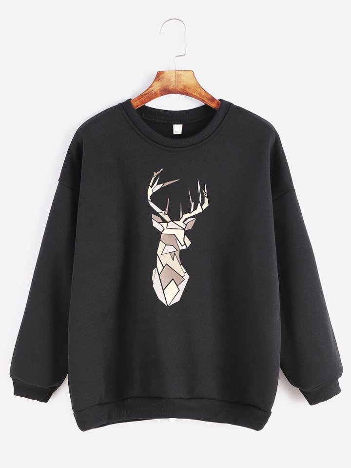 Romwe Black Geometric Deer Print Drop Shoulder Sweatshirt