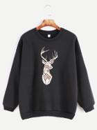 Romwe Black Geometric Deer Print Drop Shoulder Sweatshirt