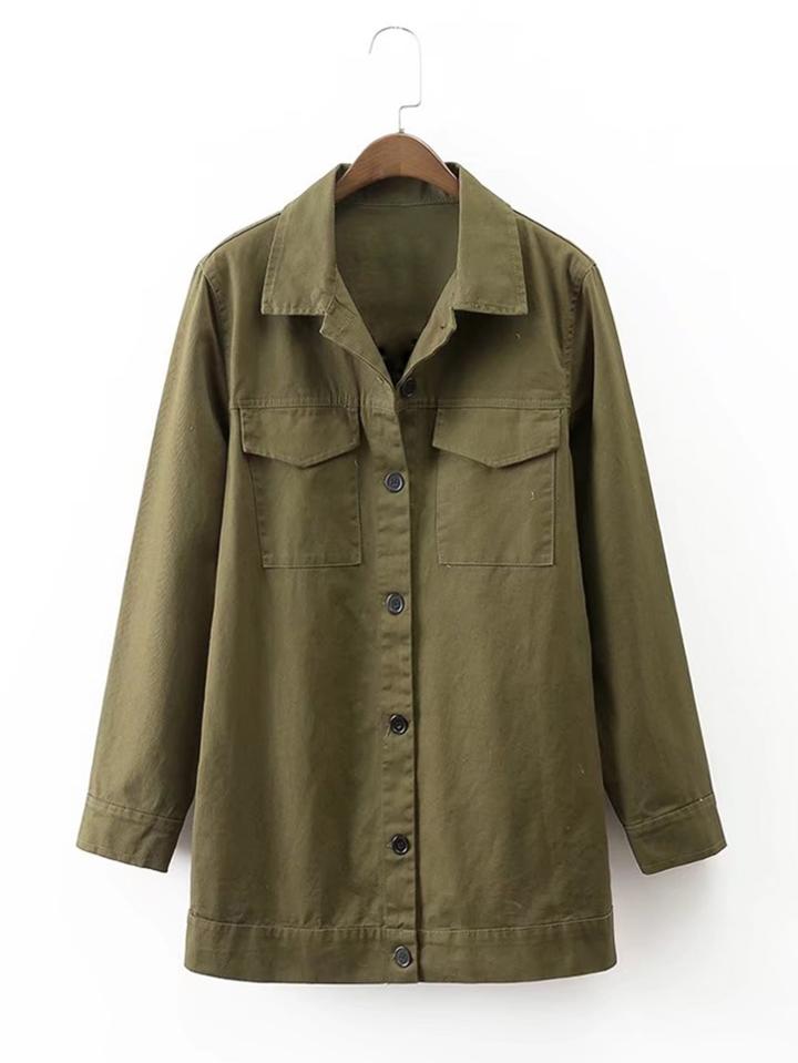 Romwe Embroidered Back Longline Military Jacket