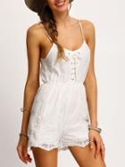 Romwe White Spaghetti Strap Lace Up Embroidered Romper