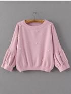 Romwe Pink Puff Sleeve Ribbed Trim Beaded Sweater