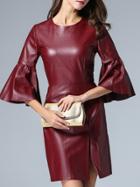 Romwe Wine Red Round Neck Length Bell Sleeve Pu Dress