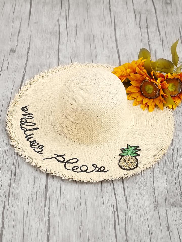 Romwe Sequin Pineapple Detail Raw Trim Straw Hat