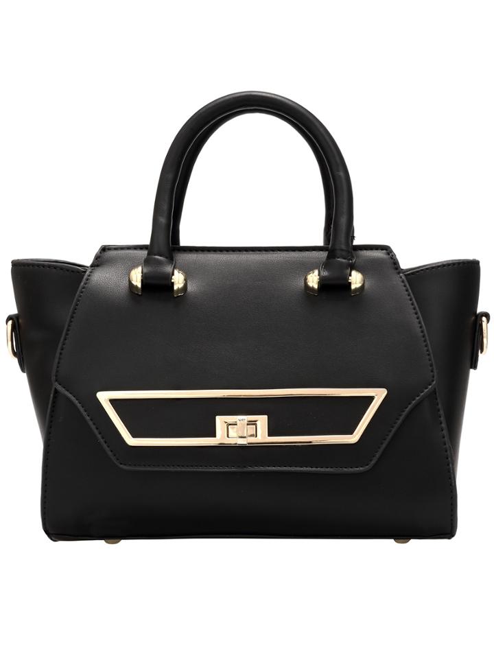 Romwe Black Twist Lock Metallic Embellished Pu Bag