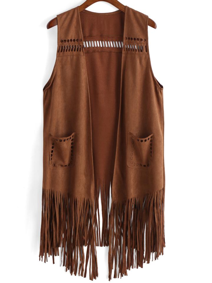 Romwe Pockets Hollow Tassel Vest