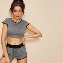 Romwe Ringer Top And Drawstring Waist Dolphin Shorts Set