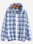 Romwe Blue Plaid Zip Up Hooded Jacket