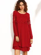 Romwe Red Crochet Trim Hollow Out Layered Dress