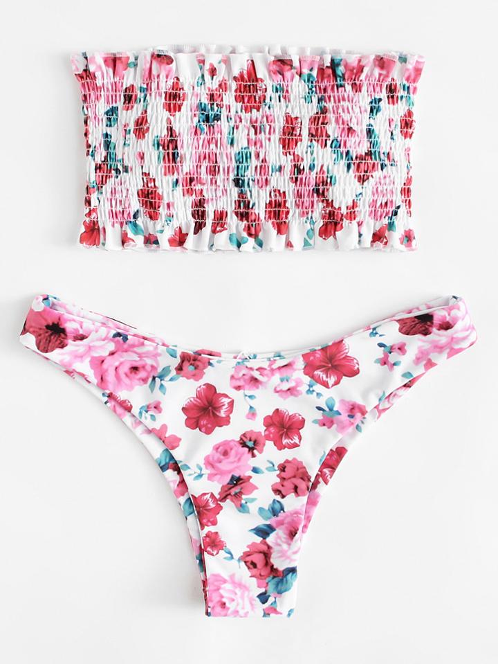 Romwe Floral Print Frill Trim Shirred Bikini Set