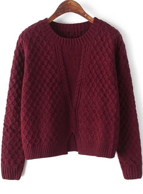 Romwe Split Cable Knit Wine Red Sweater