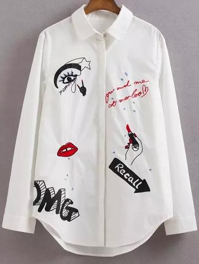 Romwe Lapel Graffiti Print Loose Blouse