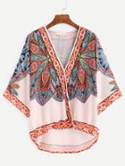 Romwe Pink V Neck Tribal Print Wrap Dip Hem Blouse