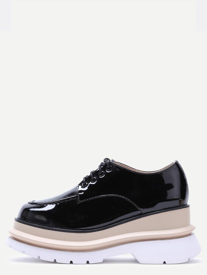Romwe Black Patent Leather Lace Up Flatform Shoes