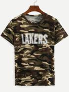 Romwe Letter Print Camouflage T-shirt - Olive Green