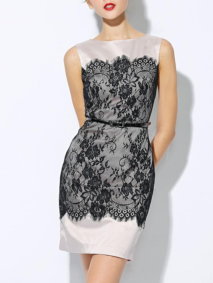 Romwe Apricot Round Neck Sleeveless Drawstring Contrast Lace Dress