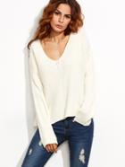 Romwe White V Neck Chevron Knit Dolman Sleeve Sweater