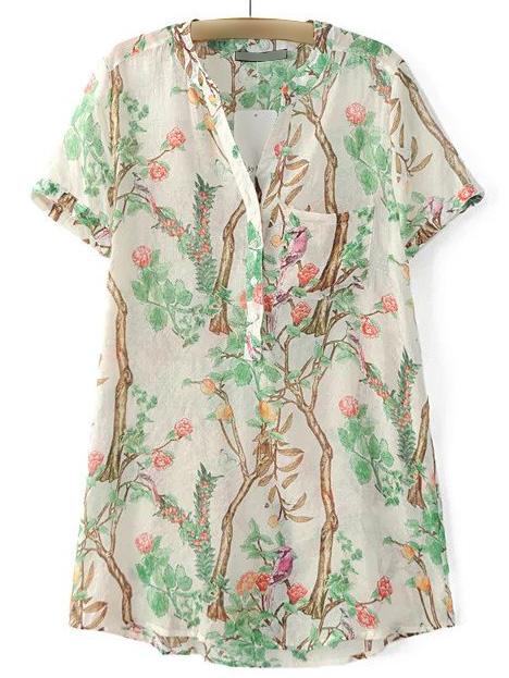 Romwe White Short Sleeve Pocket Buttons Front Print Dress