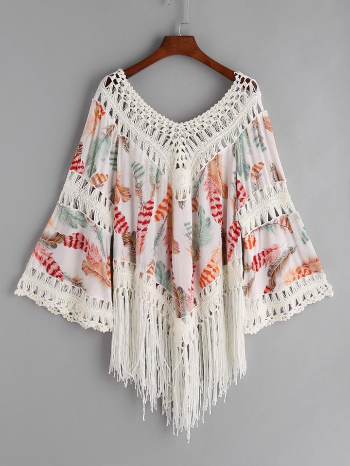 Romwe Contrast Hollow Out Crochet Feather Print Fringe Hem Top