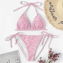 Romwe Random Striped Halter Top With Self Tie Side Bikini