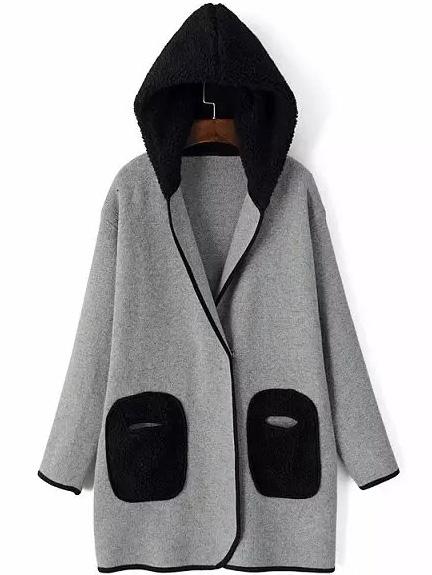Romwe Hooded Patch Pockets Coat