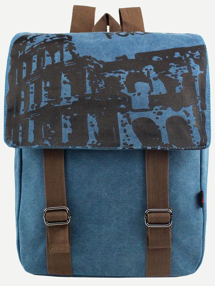 Romwe Blue Printed Dual Buckled Flap Canvas Backpack