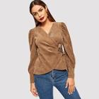 Romwe Puff Sleeve Wrap Corduroy Blouse