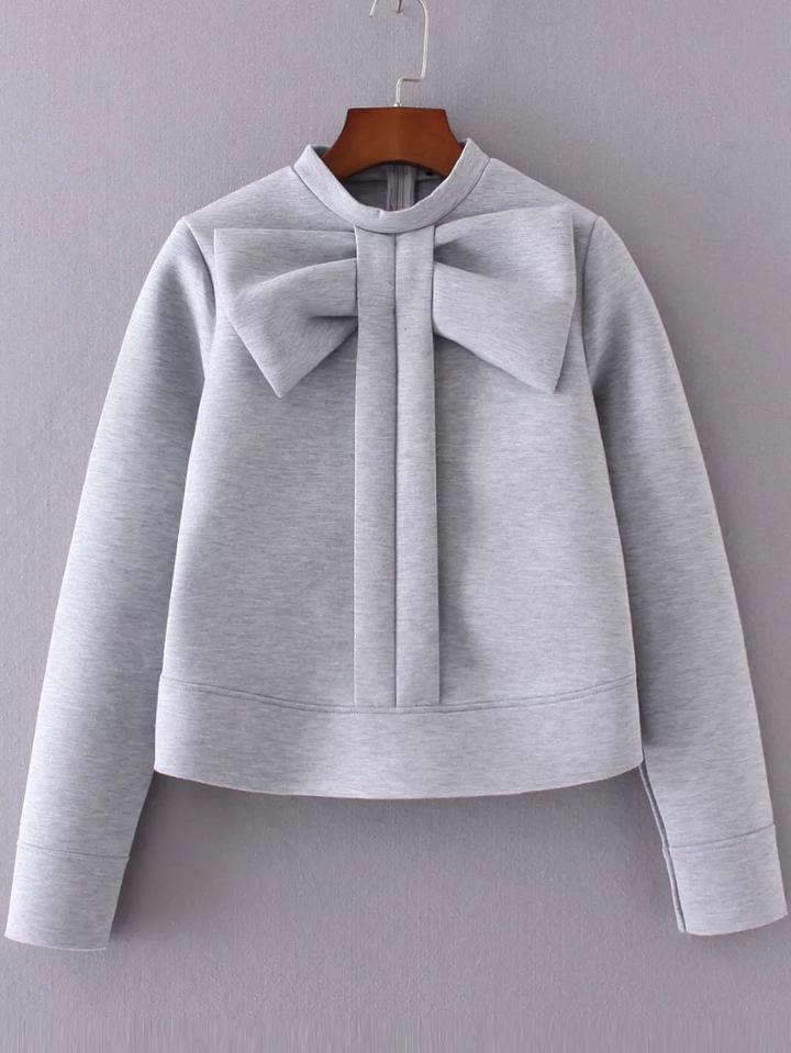 Romwe Grey Bow Embellished Crew Neck Sweatshirt