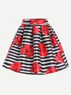 Romwe Multicolor Stripe And Rose Print Flare Skirt