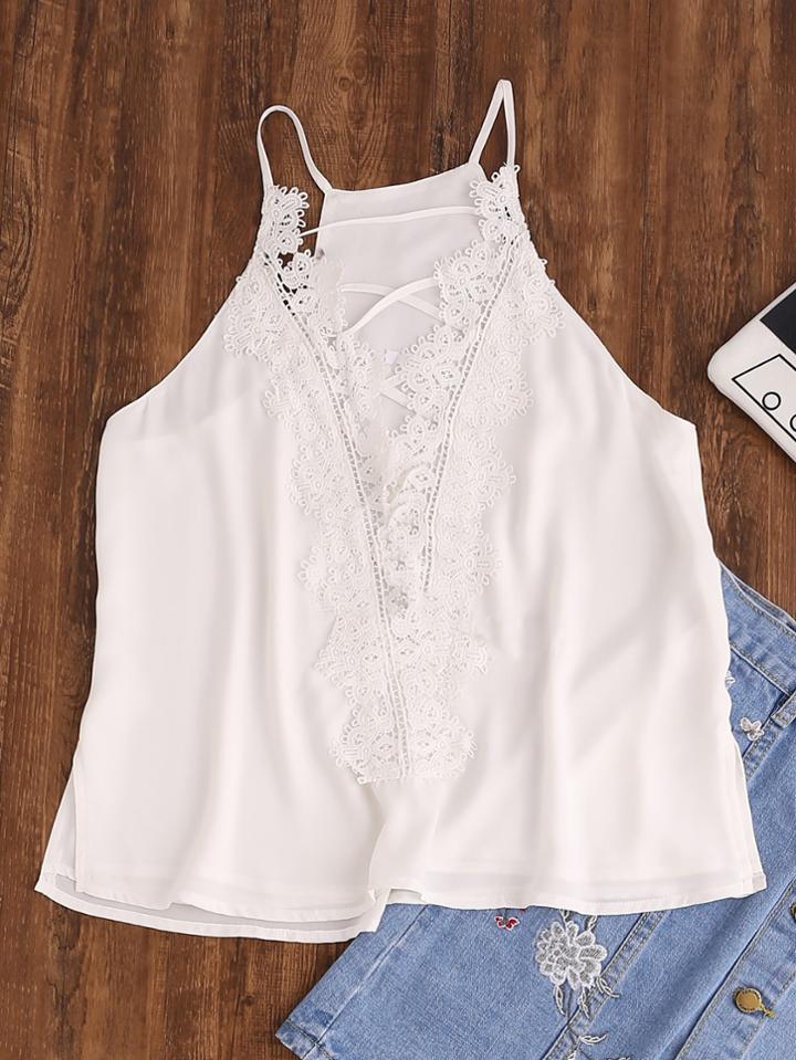 Romwe Lace Applique Crisscross Plunging Cami Top