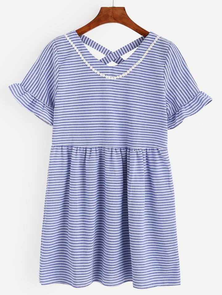 Romwe Blue Striped Lattice Back Ruffled Sleeve Dress