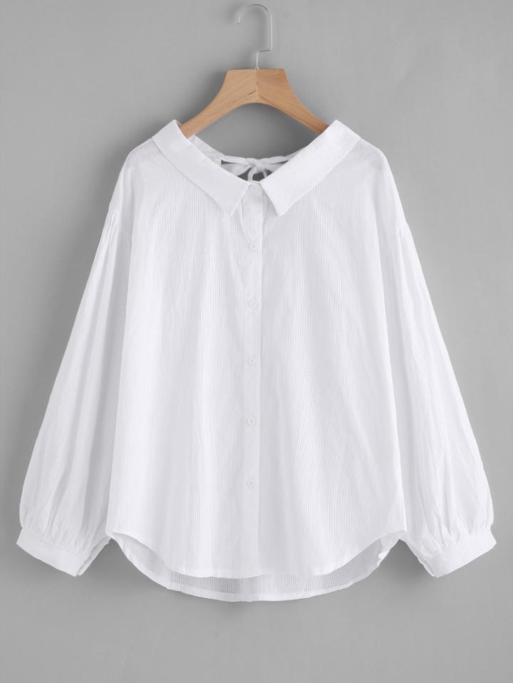 Romwe Bow Tie Back Lantern Sleeve Dip Hem Shirt