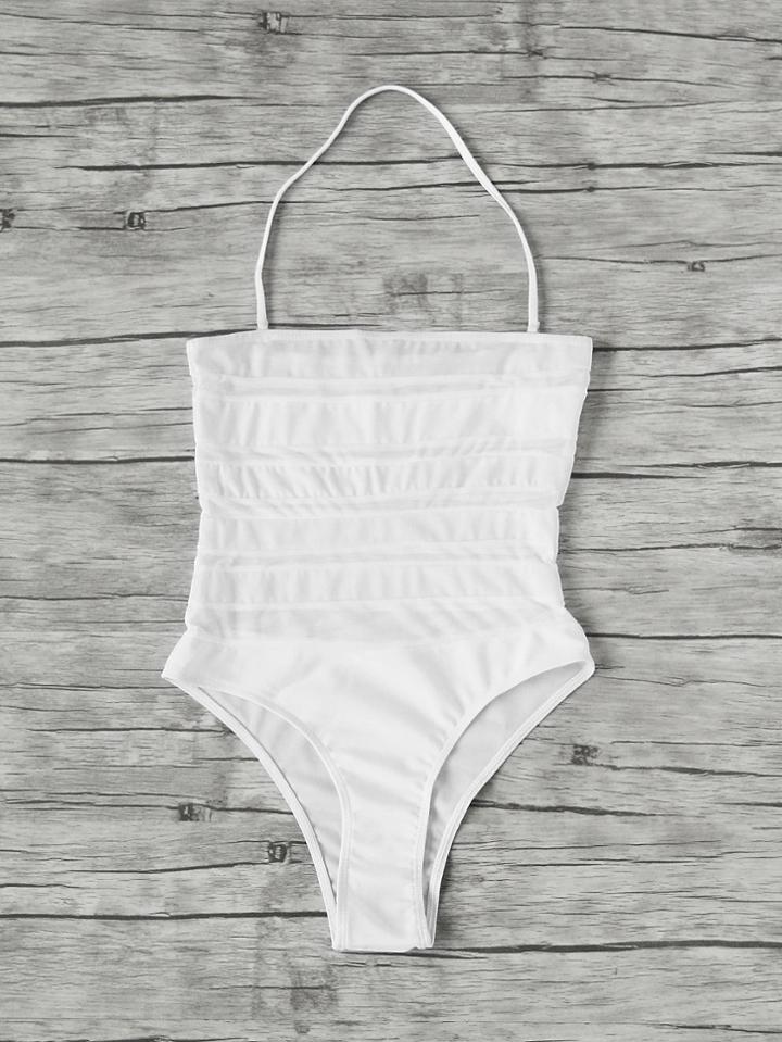 Romwe Mesh Insert Bandeau Swimsuit With Removable Halter Strap