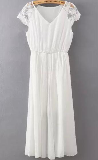 Romwe V Neck Lace Embroidered White Dress