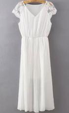 Romwe V Neck Lace Embroidered White Dress