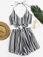 Romwe Knot Back Striped Halter Top With Shorts