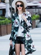 Romwe Multicolor Lapel Long Sleeve Tie-waist Floral Print Pockets Coat