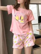 Romwe Egg Print Ruffle Hem Top & Shorts Pj Set